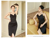 Bias-cut midi silk dress with cowl neckline and mesh side panels for evening elegance
